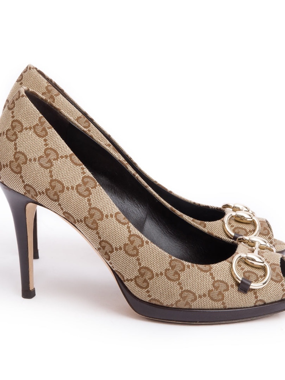 Gucci Brown Size 41 Women’s Monogram Peep-Toe High Heels with Gold Horsebit